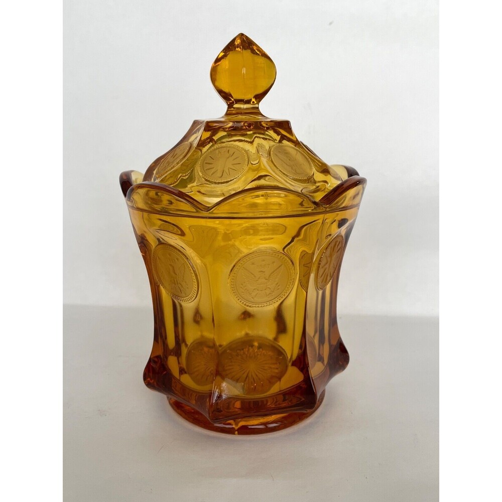 Vintage Fostoria Coin Amber Glass Lidded 1887 Candy Dish Liberty Torch Eagle USA - Picture 2 of 9